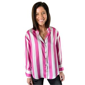 Sunday‎ Up Pink and White Button Down Shirt with Notched Collar